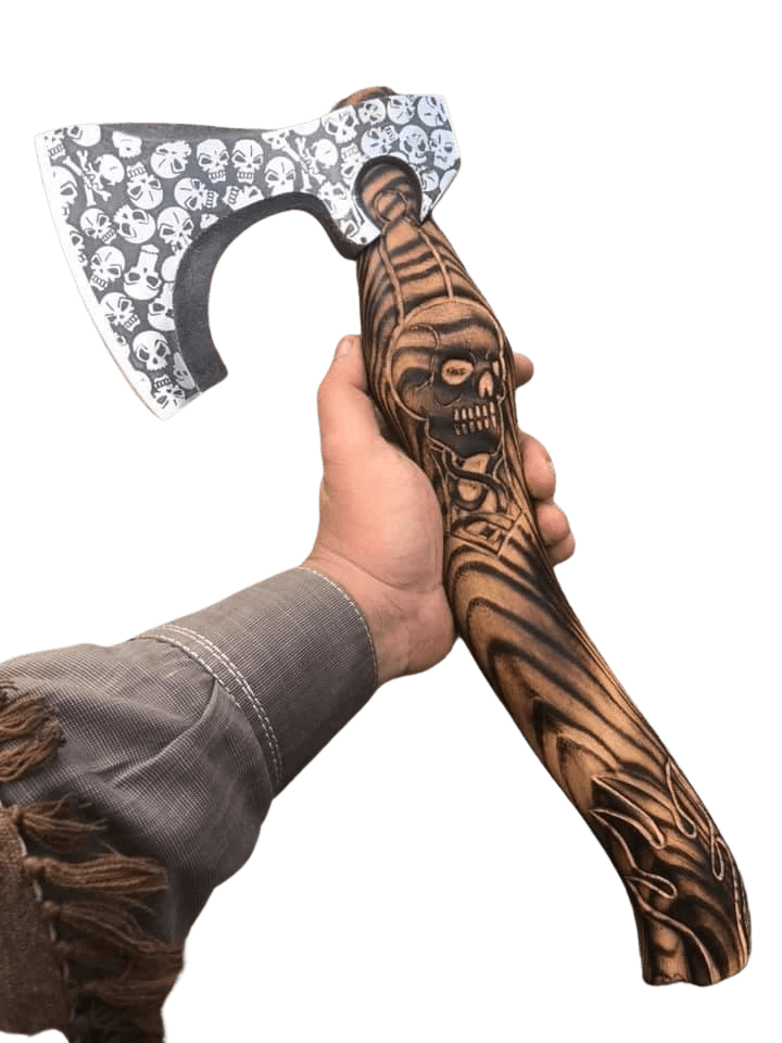 Carbon/D2 Steel Handmade Skull Axe Skull Engraving And Etching Handle